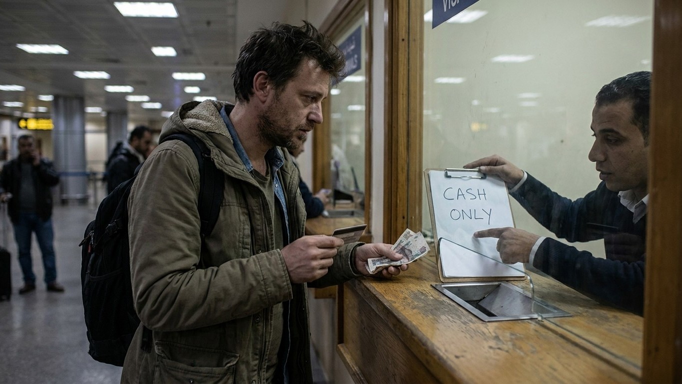 Llegué a El Cairo con la tarjeta en la mano para pagar el visado de 25 dólares: en la ventanilla de antes del control ente...