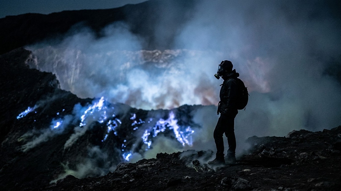 Subí al cráter del Ijen de noche con un pañuelo tapándome la cara solo para ver las llamas azules: a mitad de la bajada en...