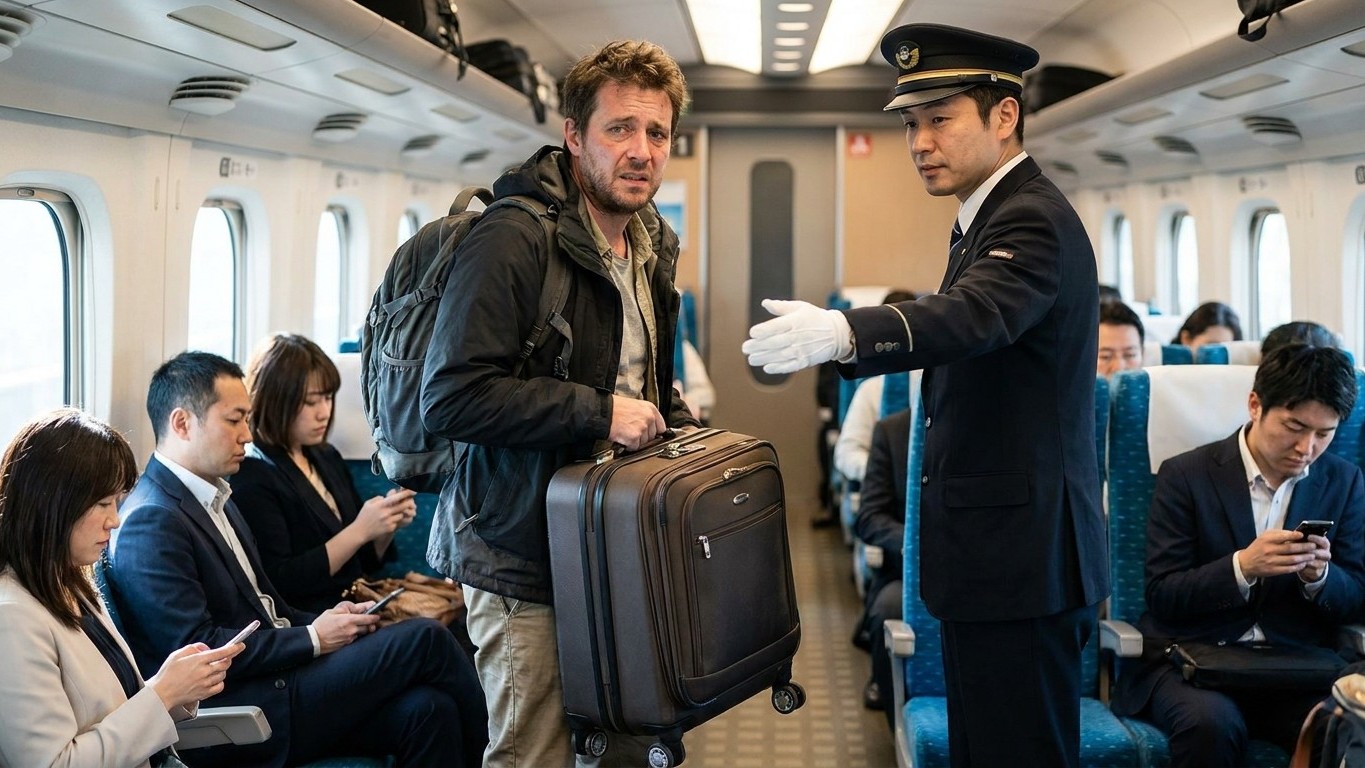 Compré el billete del Shinkansen a Kioto y subí con mi maleta grande como siempre: el revisor se paró en mi asiento antes ...